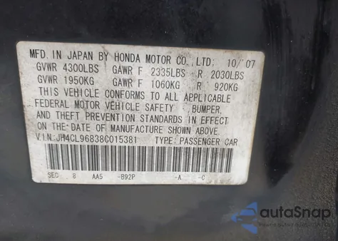 2008 Acura Tsx from USA, damaged, VIN JH4CL96838C015381